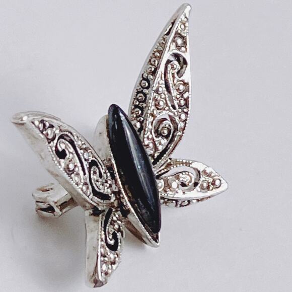 Vintage Silver Tone Butterfly Brooch Black Glass Marcasite Style 1970s - Picture 5 of 10